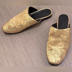 Freda Salvador Leather Mules in Sparkling Metallic Gold Short Wood Heels size 6